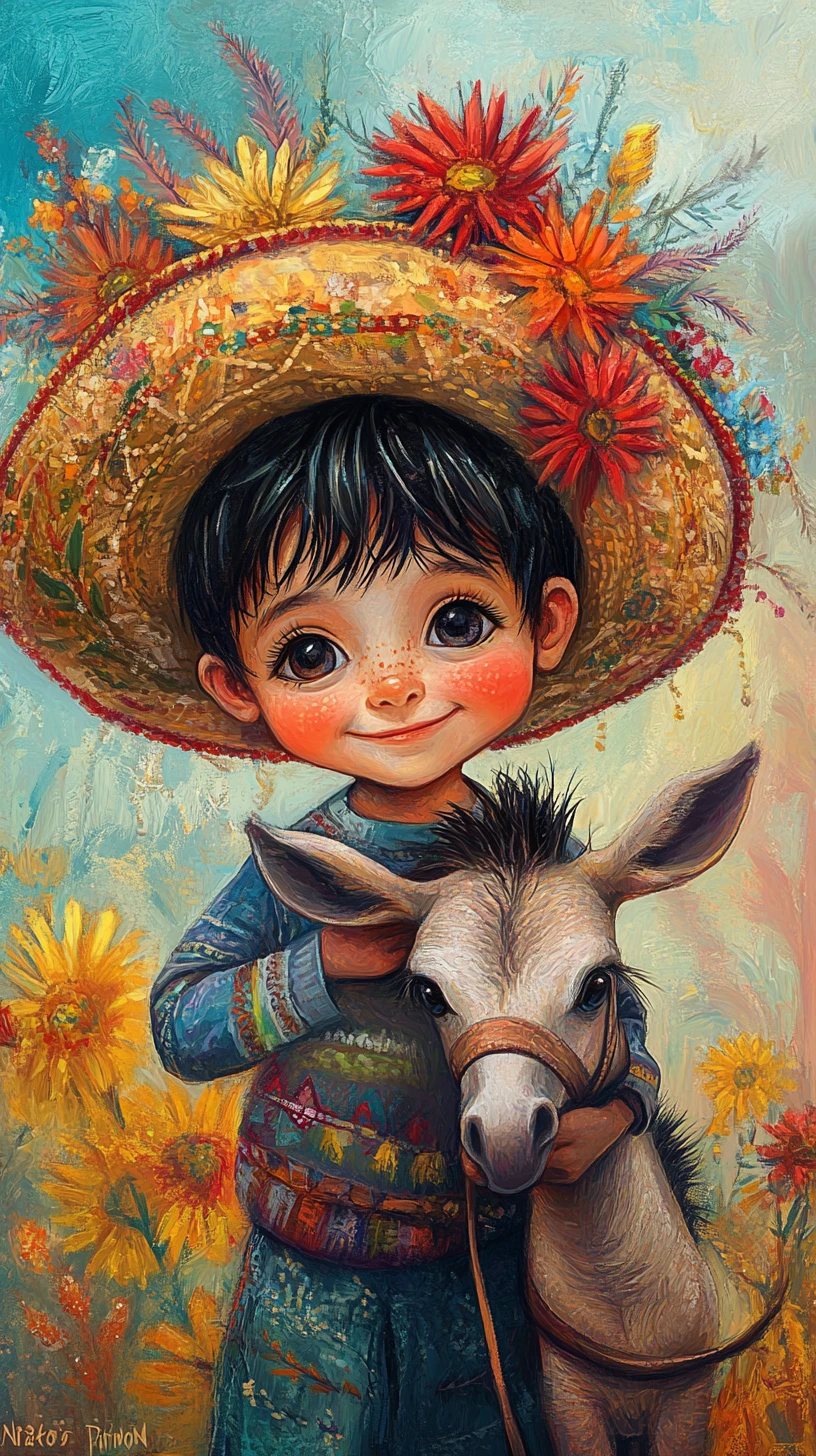 Happy Mexican boy standing with a baby donkey outdoors