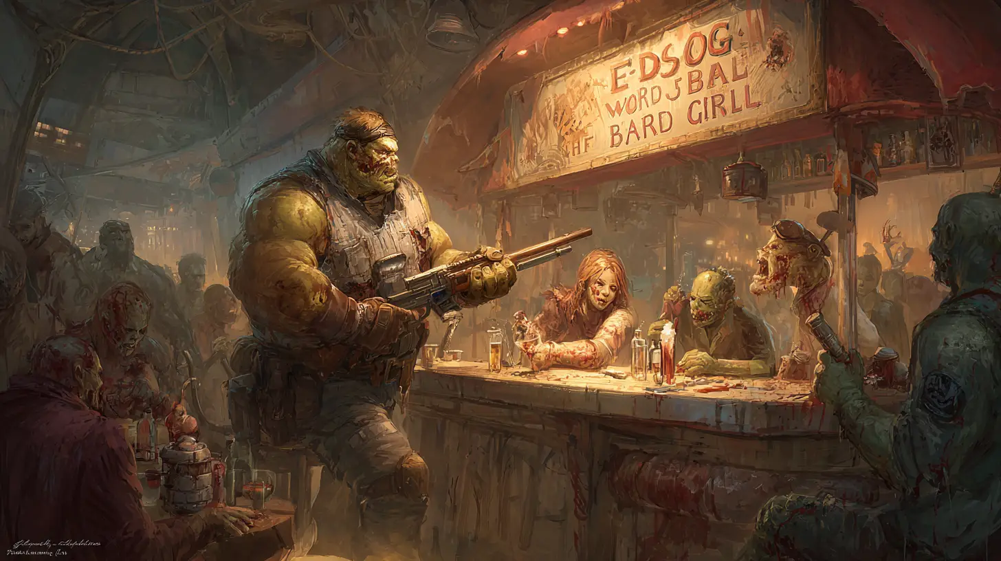 Post apocalyptic bar scene with zombies and mutants drinking