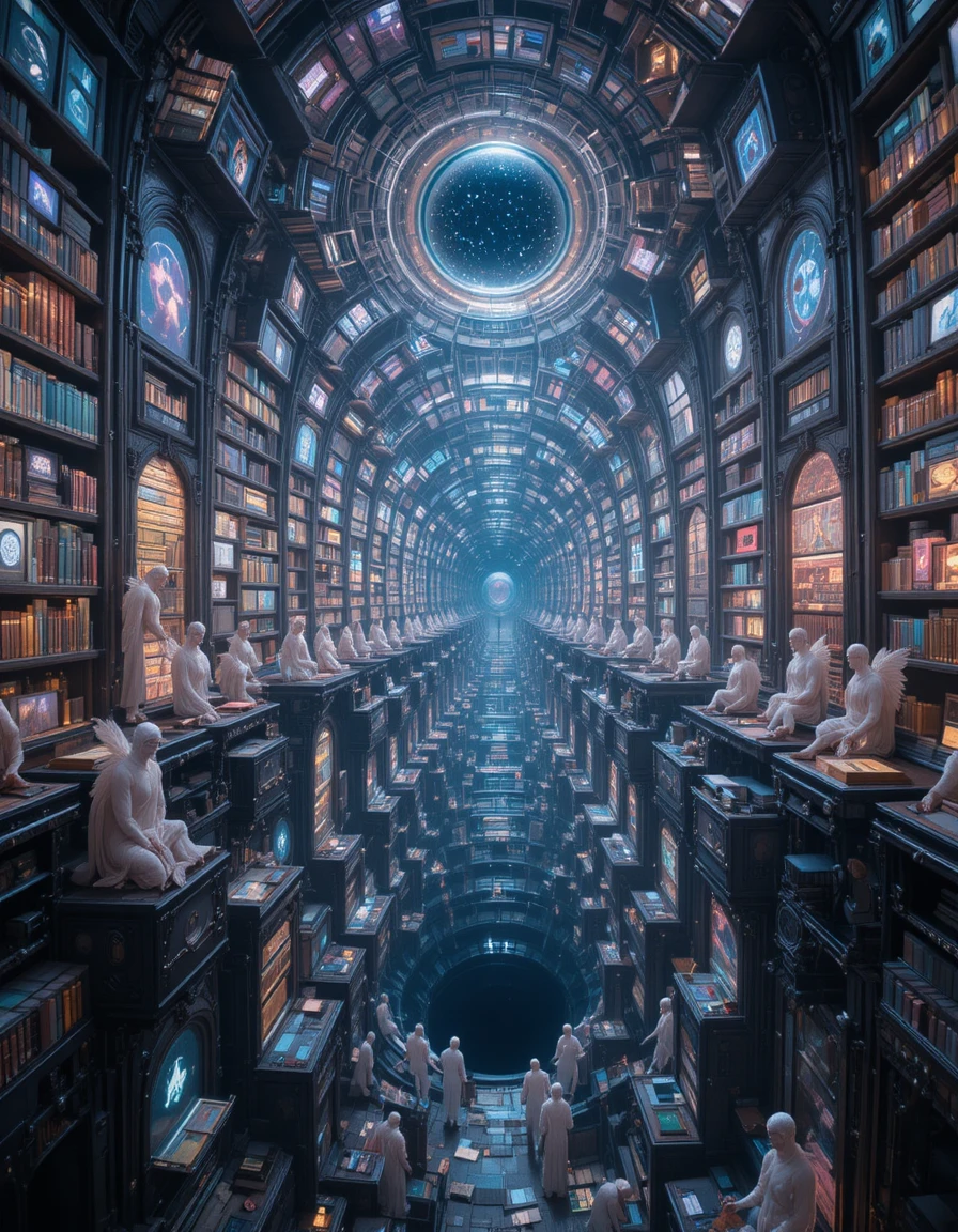 Hyperdimensional cosmic archive above a swirling black hole
