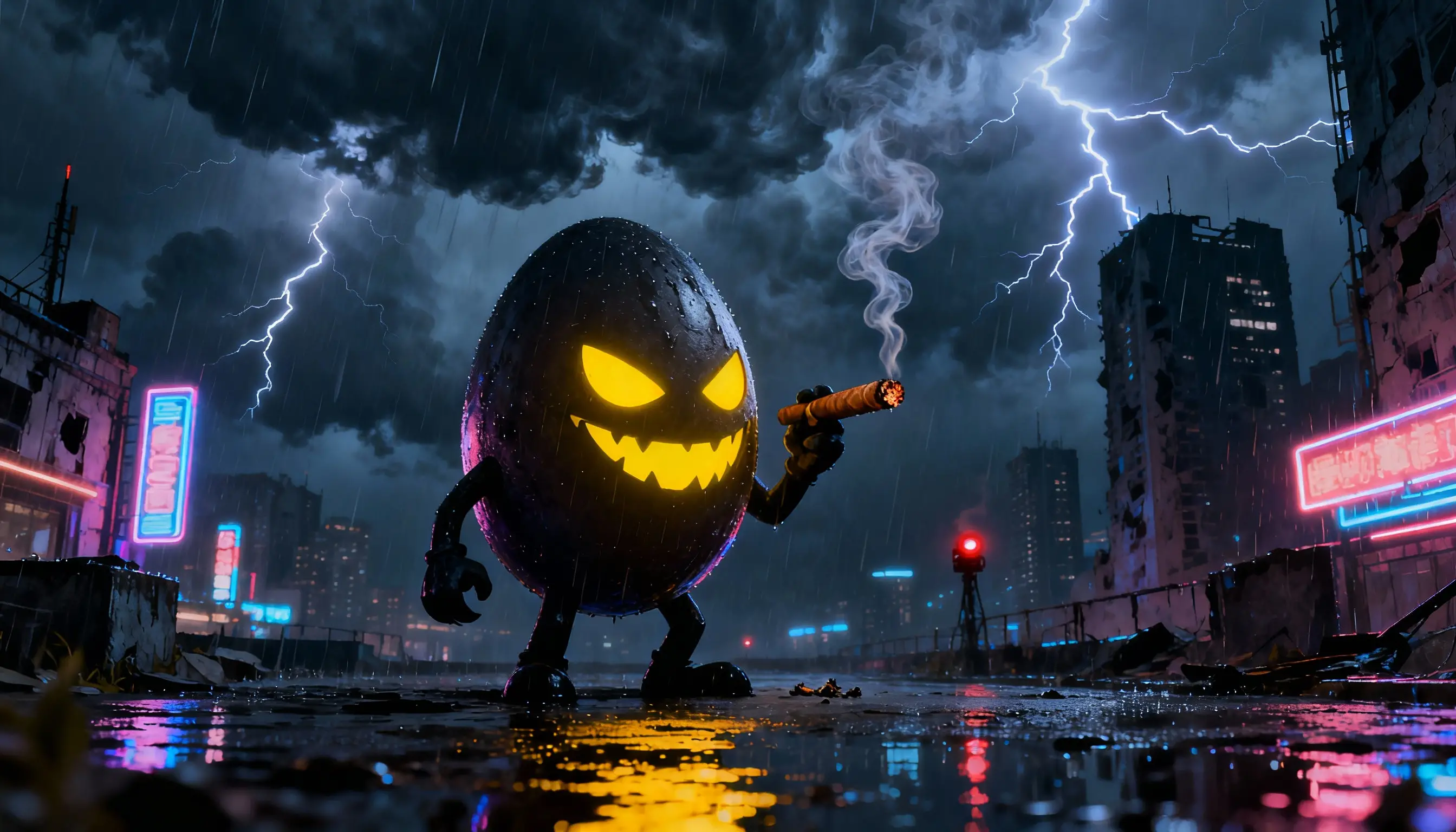 Sinister Egg Figure Smoking Cigar In Stormy City Night