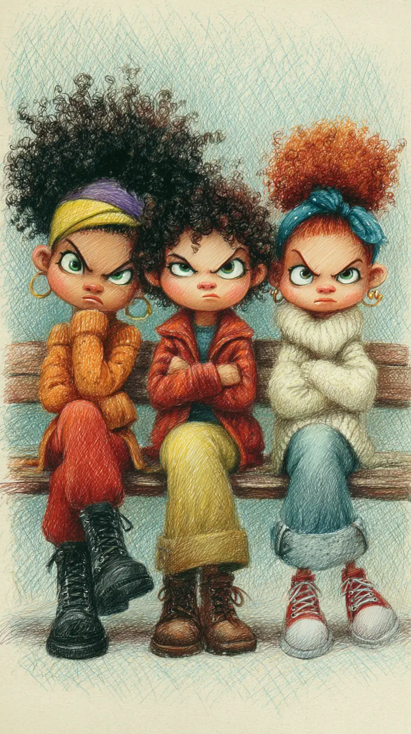 Three grumpy little girls on a wooden bench illustration