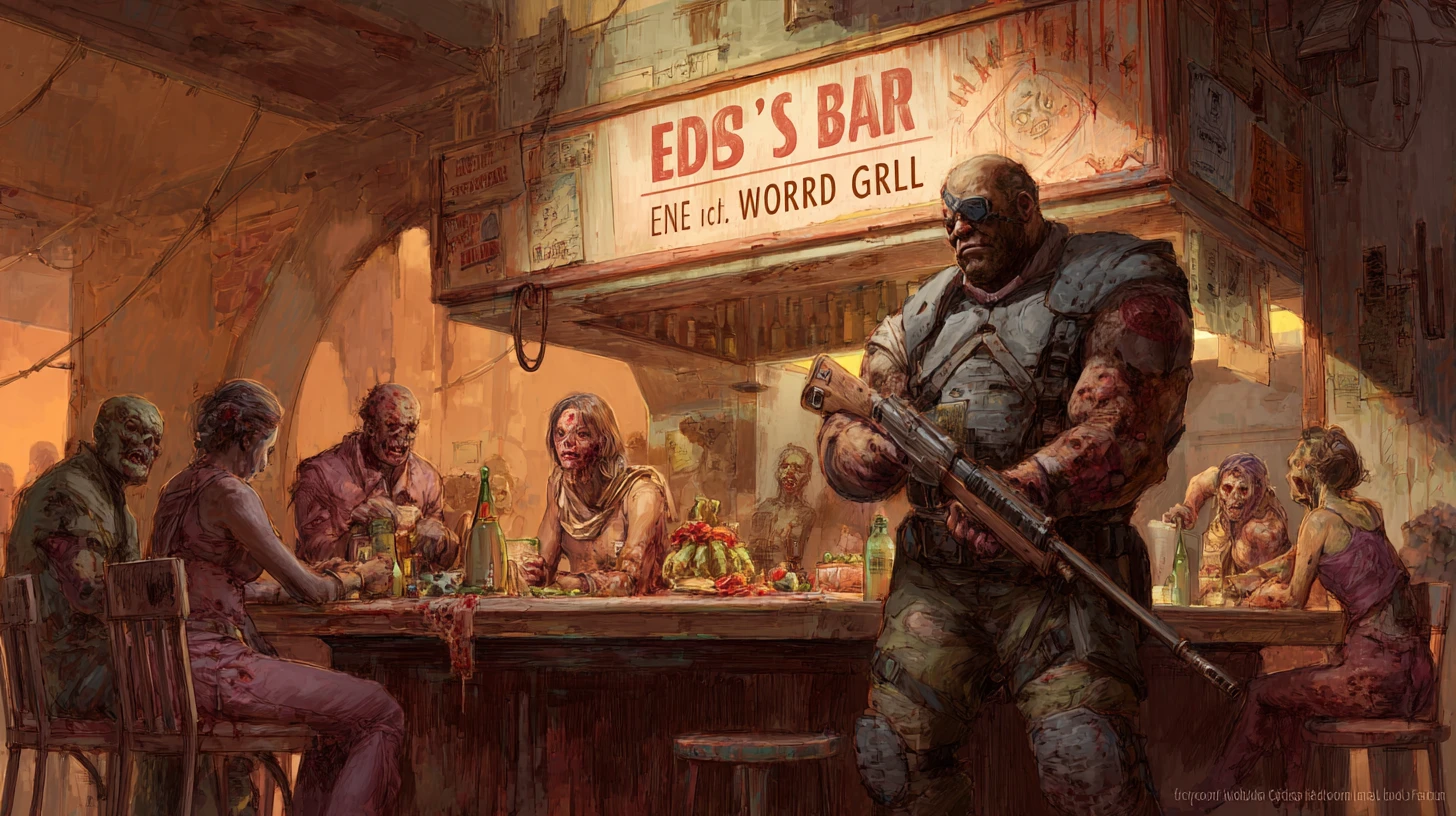 Post apocalyptic bar crowded with zombies and mutants
