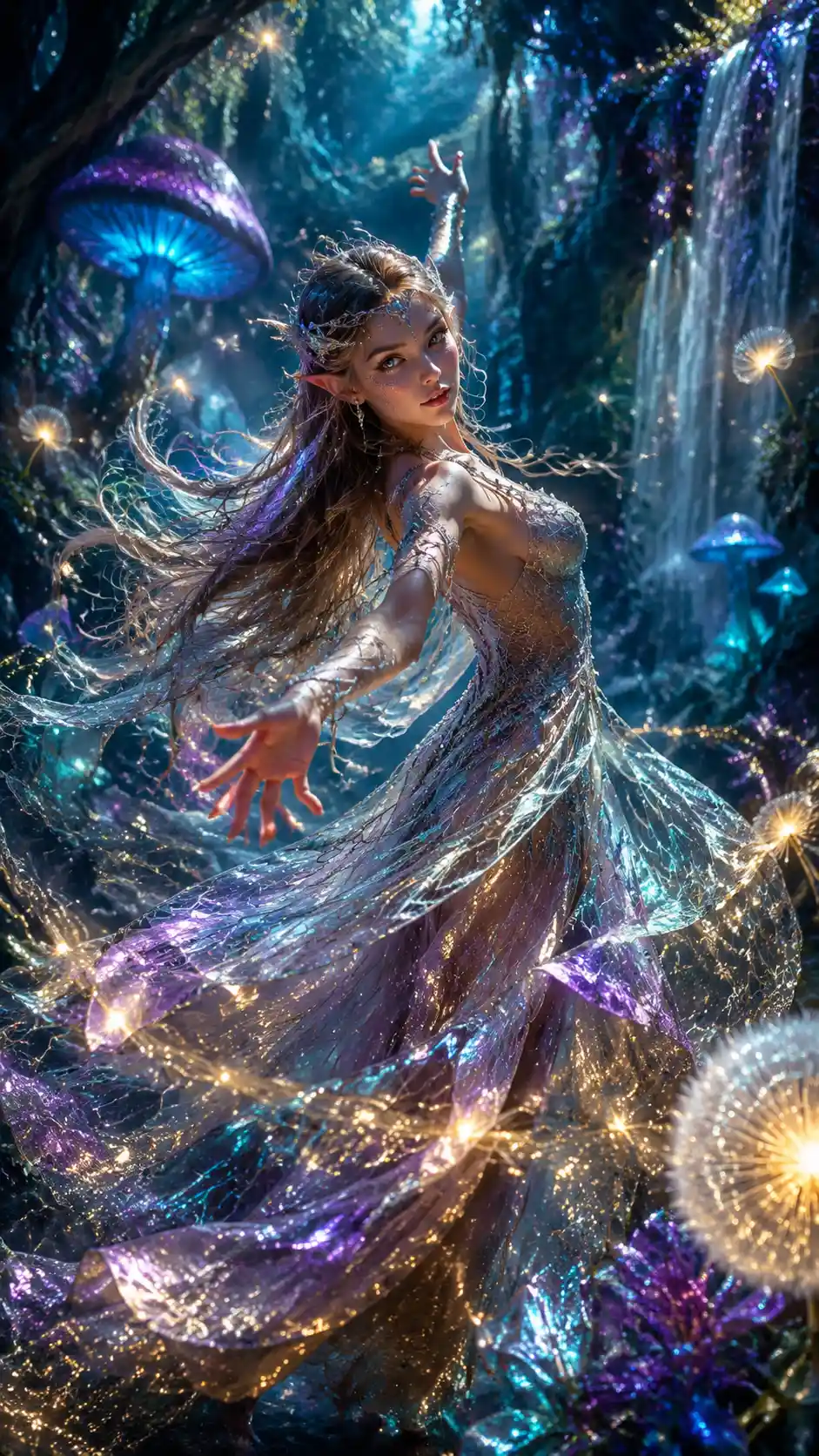 Celestial woodland elf dancing in a glowing ancient grove