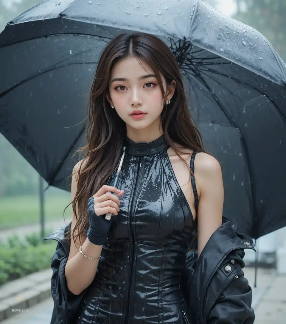 Young Korean woman in black leather dress in the rain