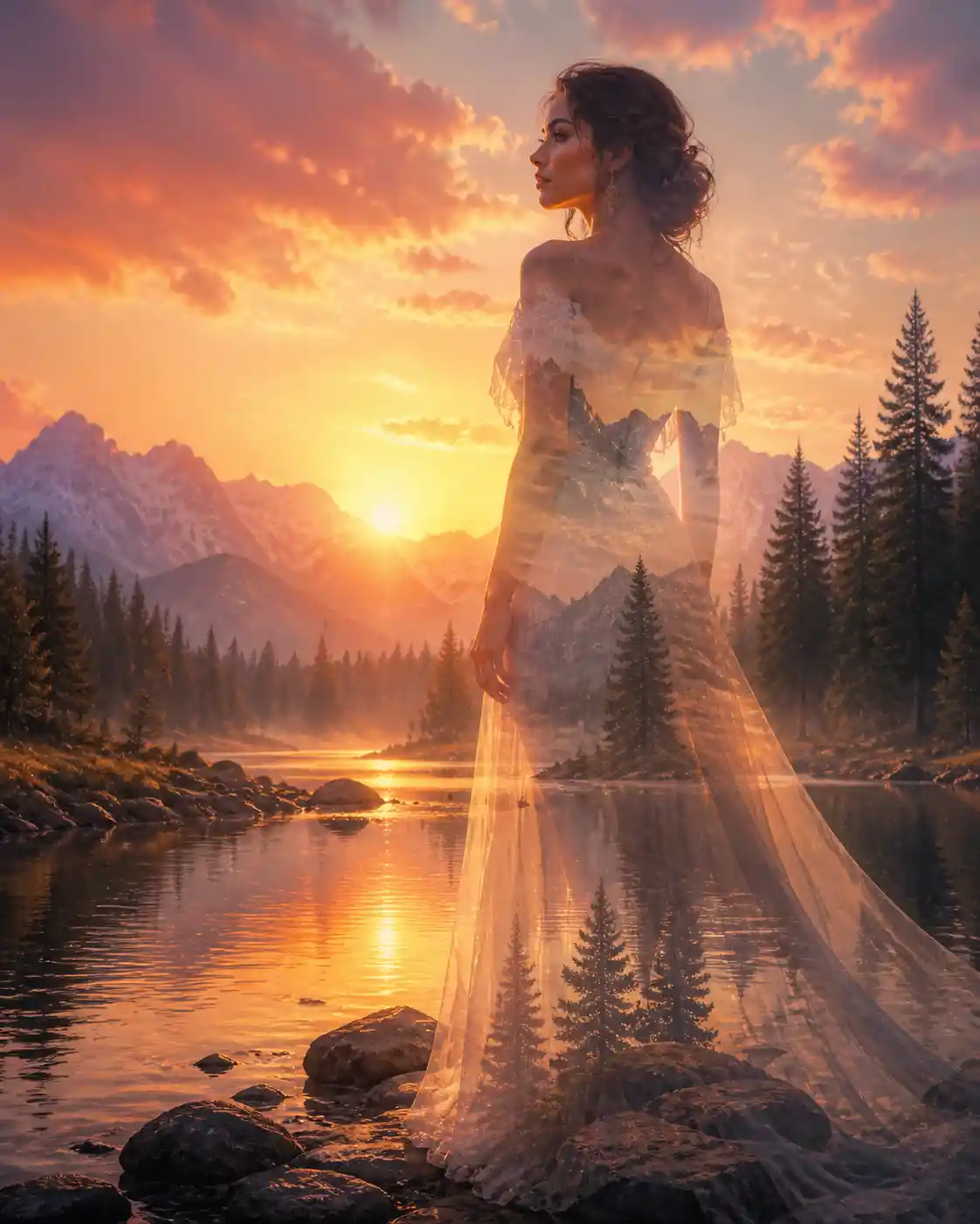 Woman at a tranquil mountain riverbank at glowing sunset