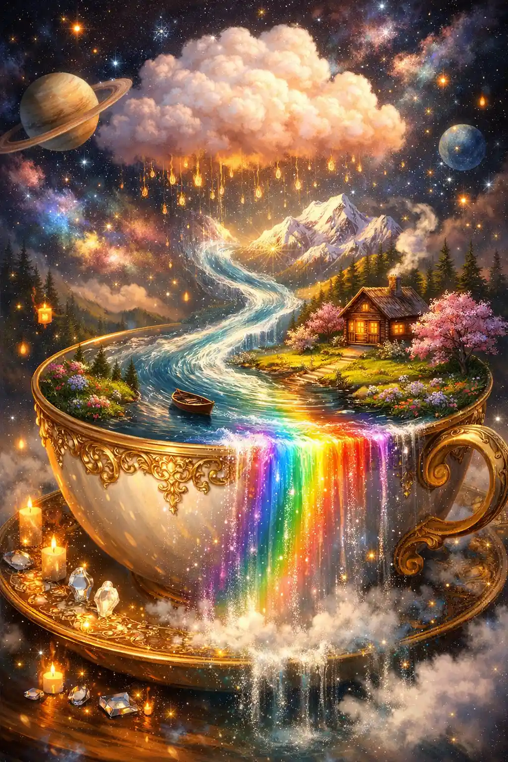 Surreal Golden Teacup Holding A Dreamlike River Landscape
