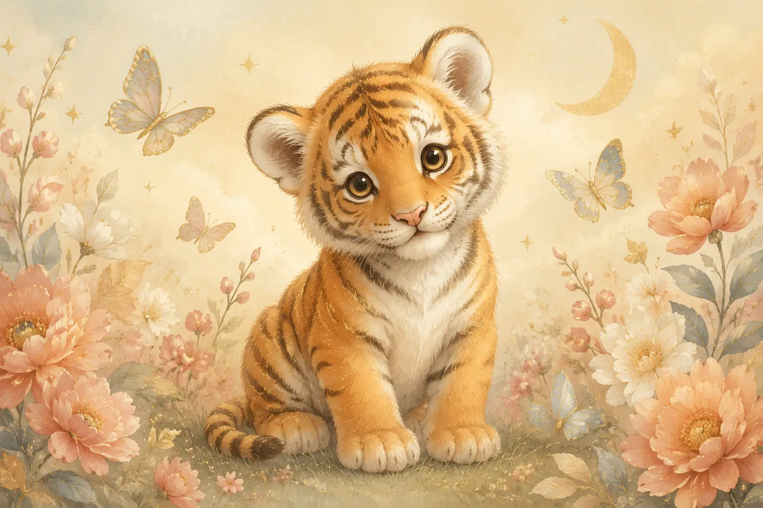 Cute tiger cub with butterflies nursery wall art