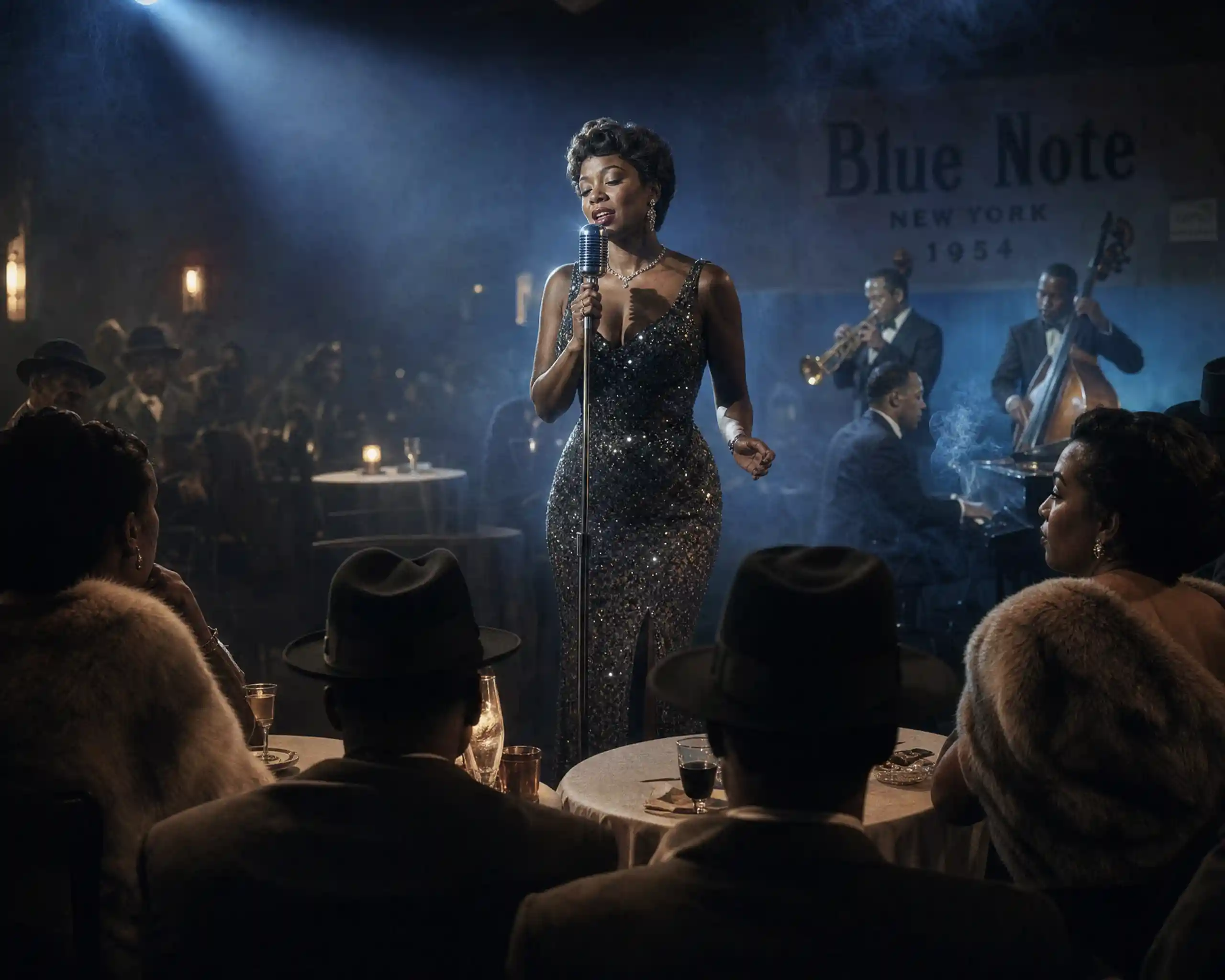 Jazz singer under spotlights in a smoky noir nightclub