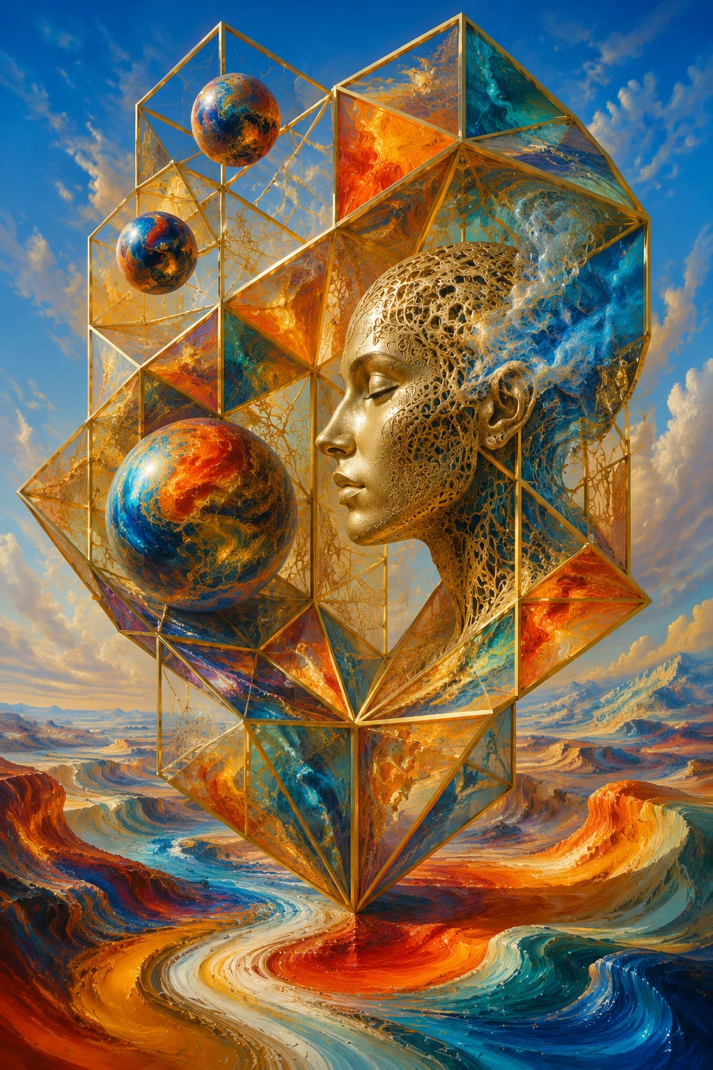 Surreal Golden Geometry Over Flowing Multicolored Landscape