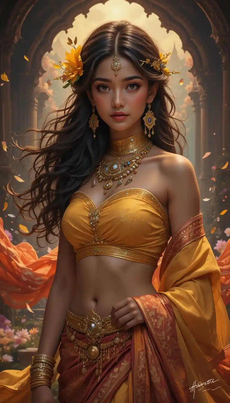 Fantasy woman in yellow sari with flowing red wrap