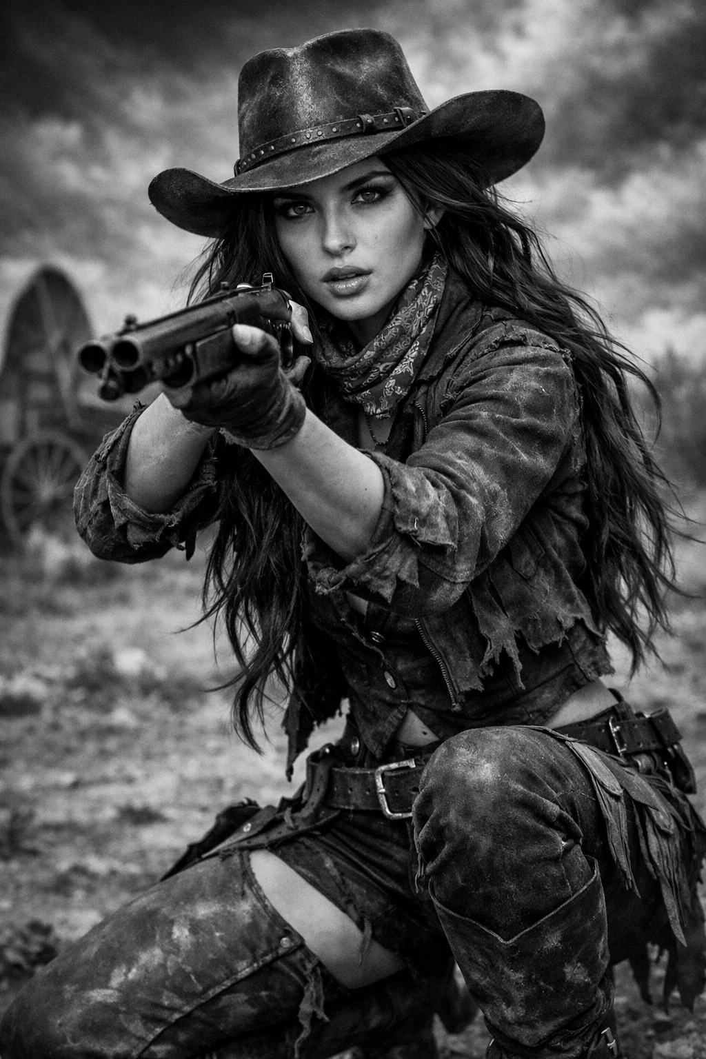Young cowgirl aiming shotgun in dramatic frontier scene
