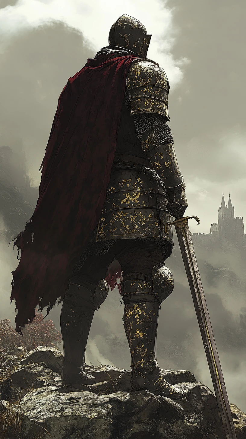 Lone Medieval Knight Overlooking Distant Gothic Castle