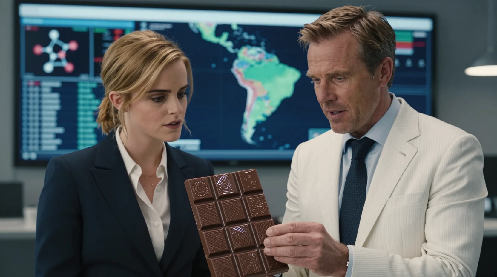 Corporate duo studying futuristic patterned dark chocolate bar