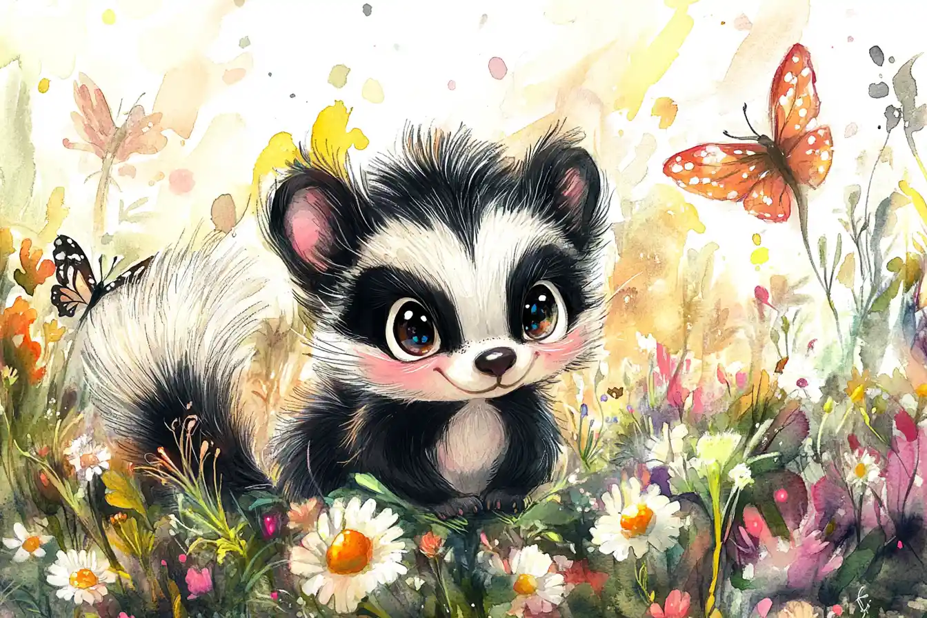 Cute baby skunk in watercolor meadow with butterflies