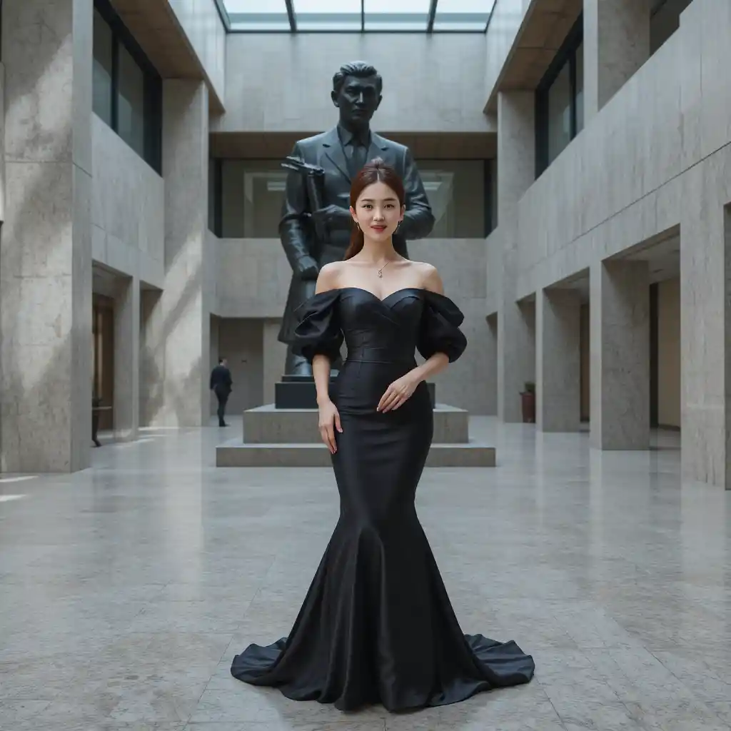 Elegant Korean woman in black satin gown at museum