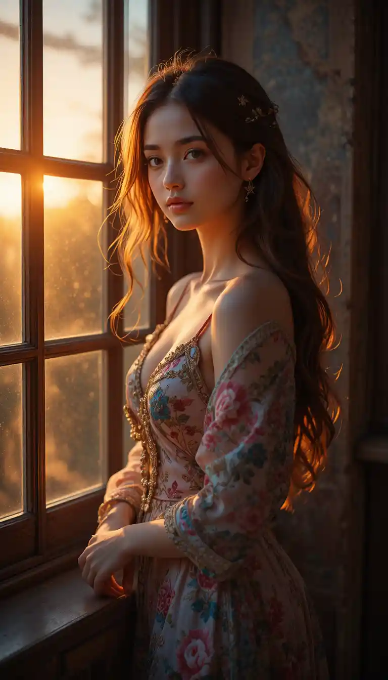 Woman standing by a sunlit window at golden hour