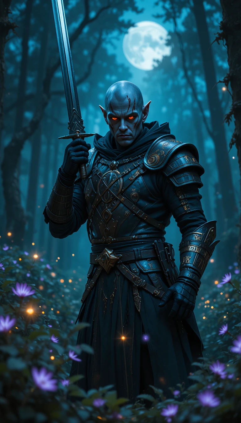 Gothic ranger warrior in moonlit enchanted forest