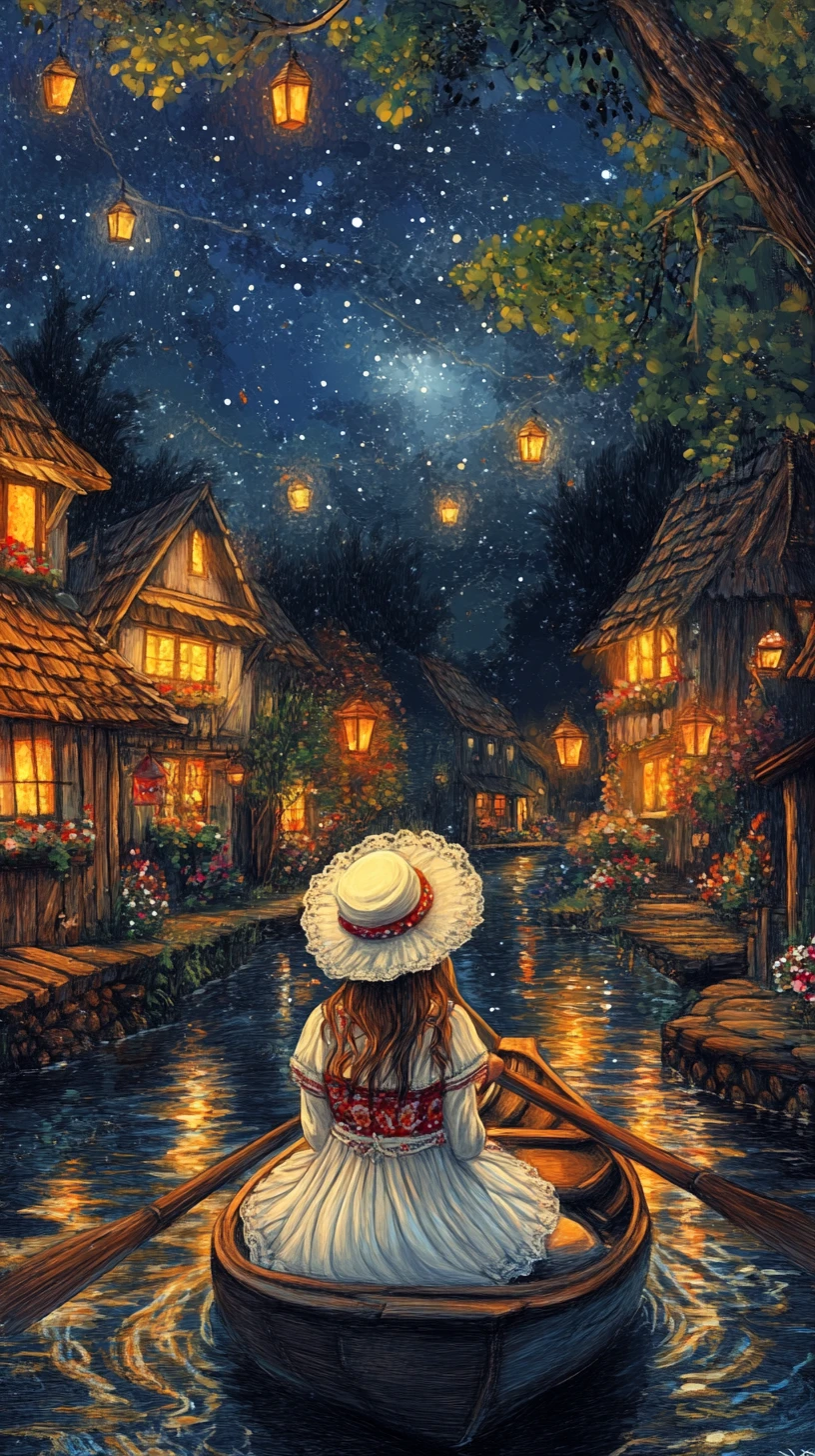 Sorbian girl rowing a boat through a lantern lit forest