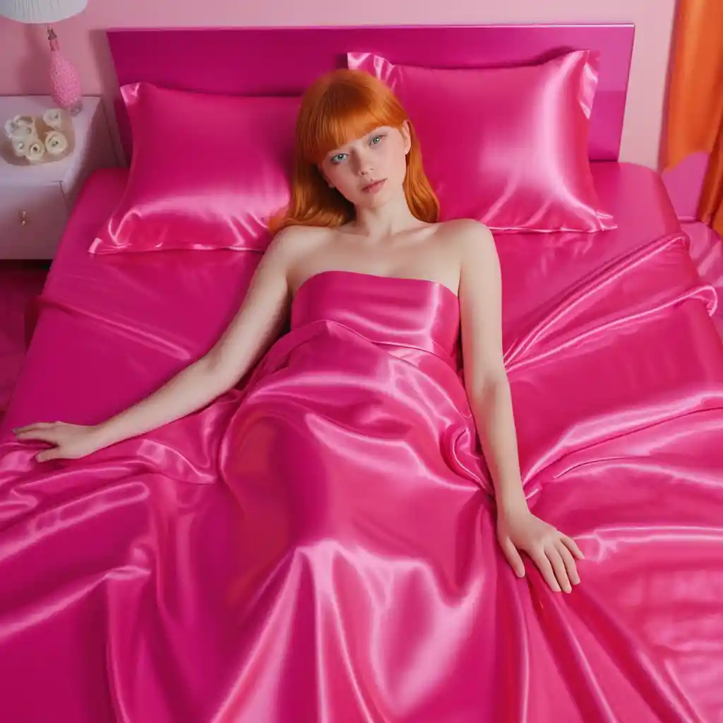 Woman lying on hot pink satin bed looking at camera