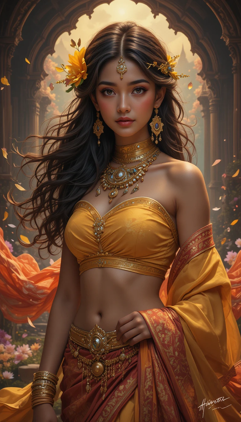 Fantasy woman in yellow sari with flowing red wrap