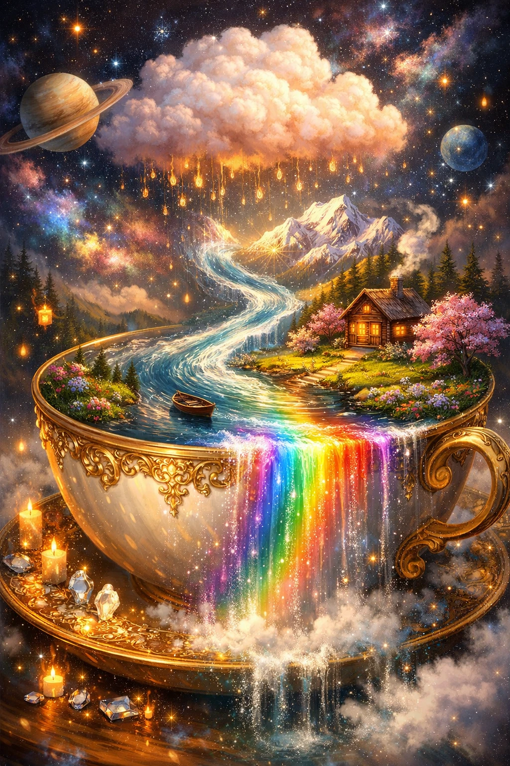 Surreal Golden Teacup Holding A Dreamlike River Landscape