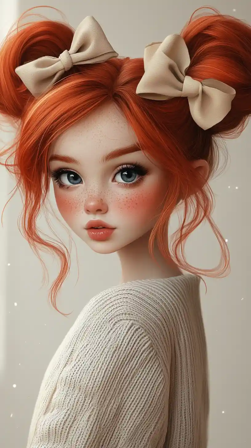 Playful red haired anime girl portrait in beige sweater