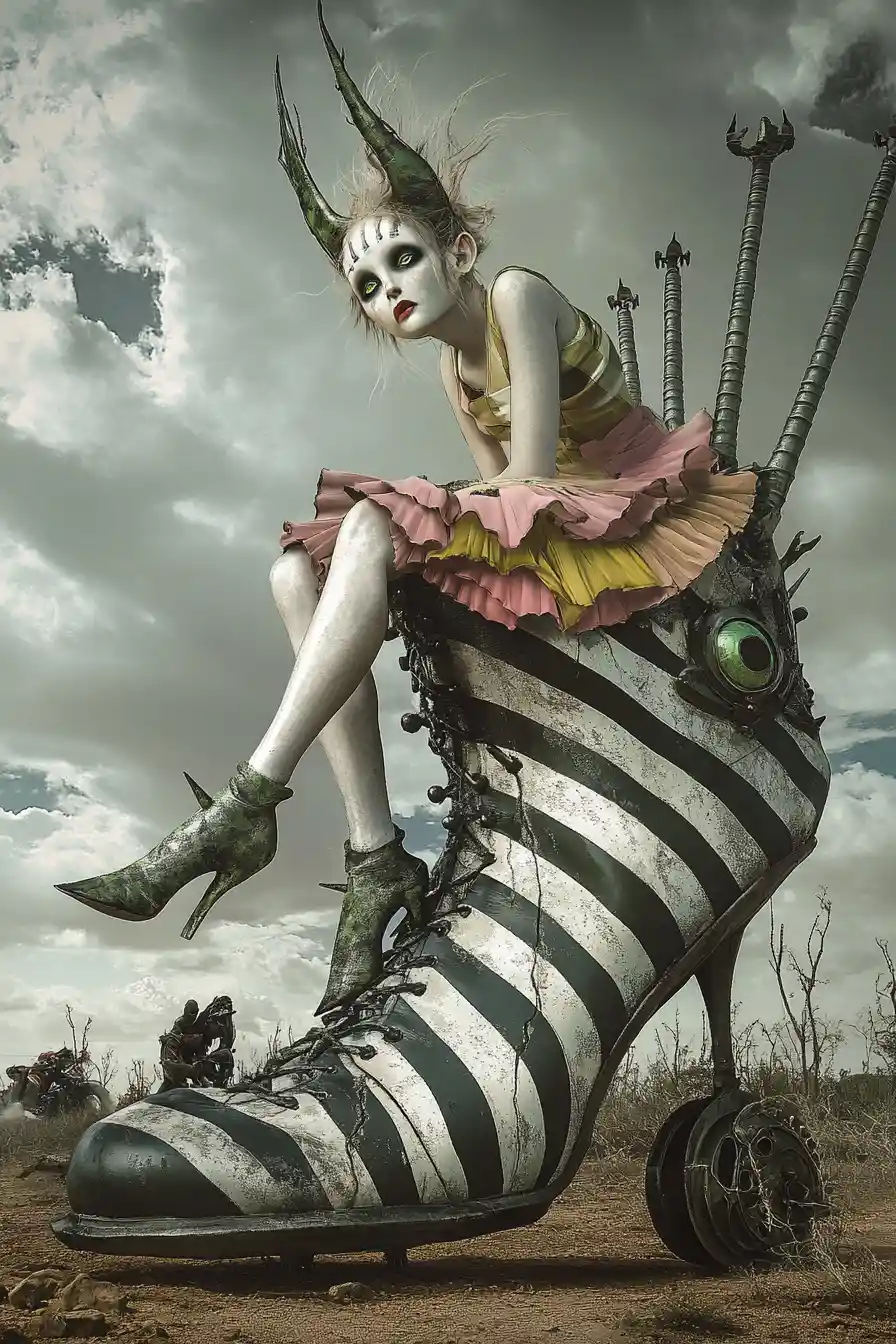 Surreal woman perched on a monstrous spiked high heel