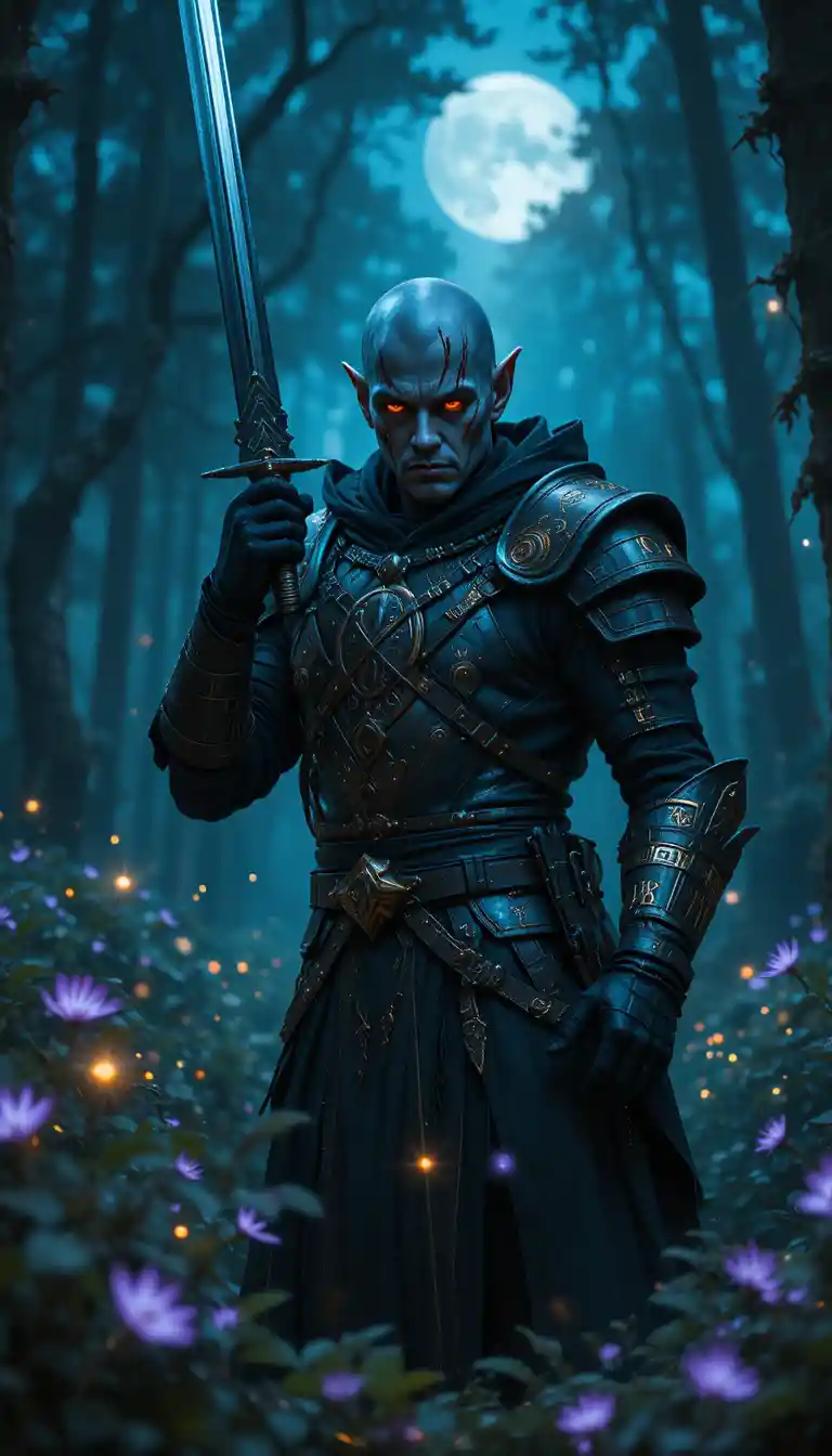 Gothic ranger warrior in moonlit enchanted forest
