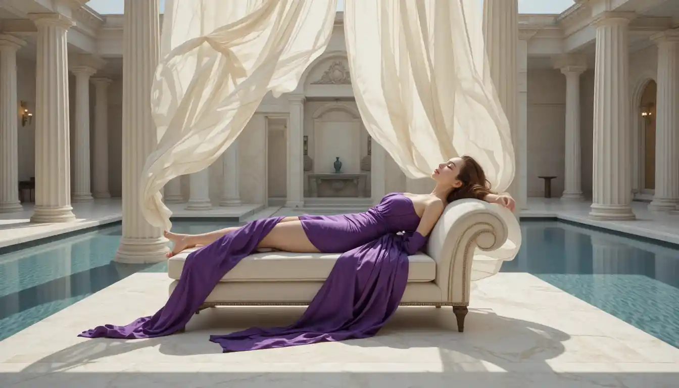 Korean college girl reclining in purple silk on chaise
