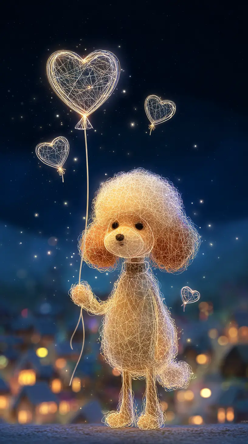 Glowing Poodle With Heart Balloon In Night Village Scene