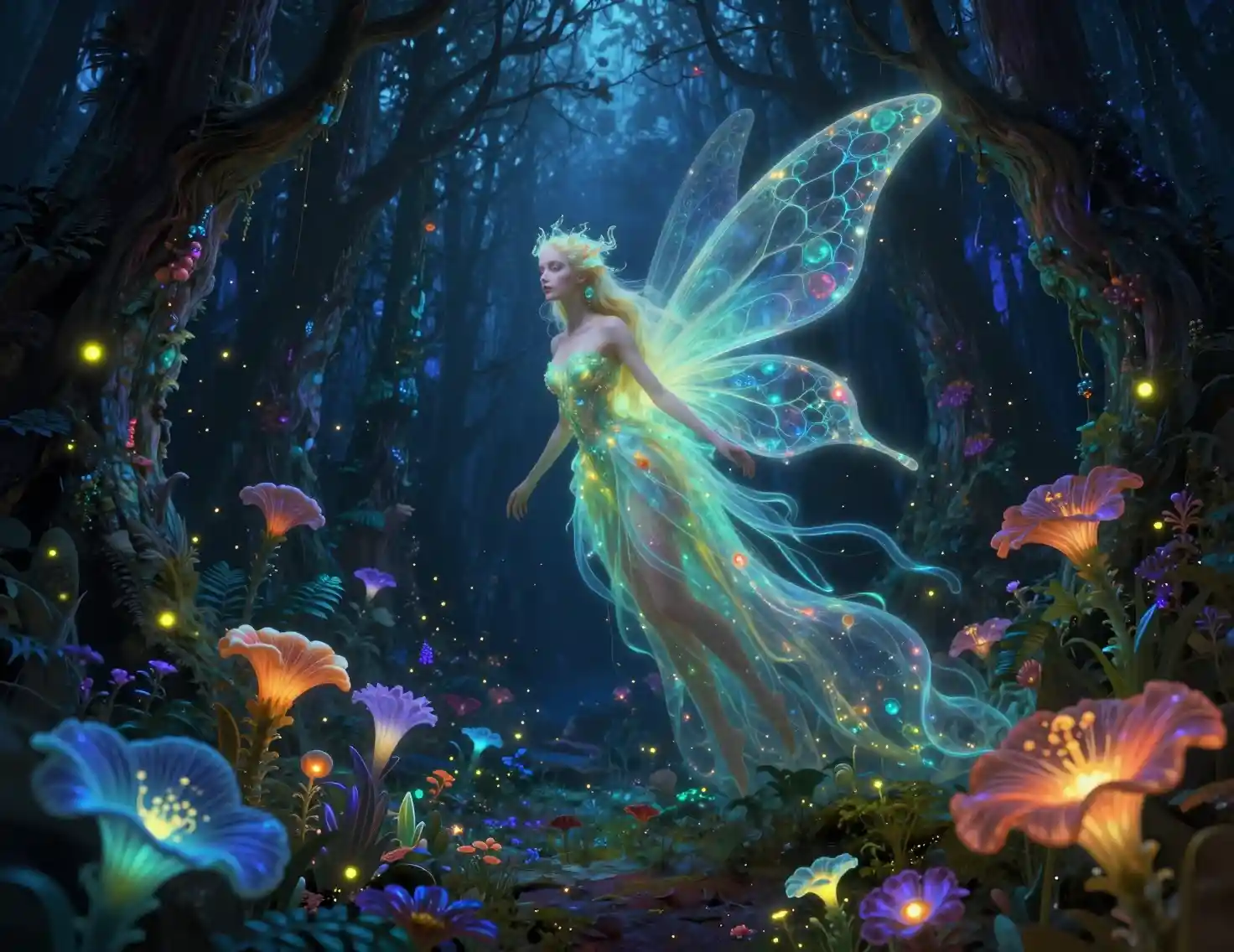 Dreamlike fairy in a glowing abyssal phosphorescent forest