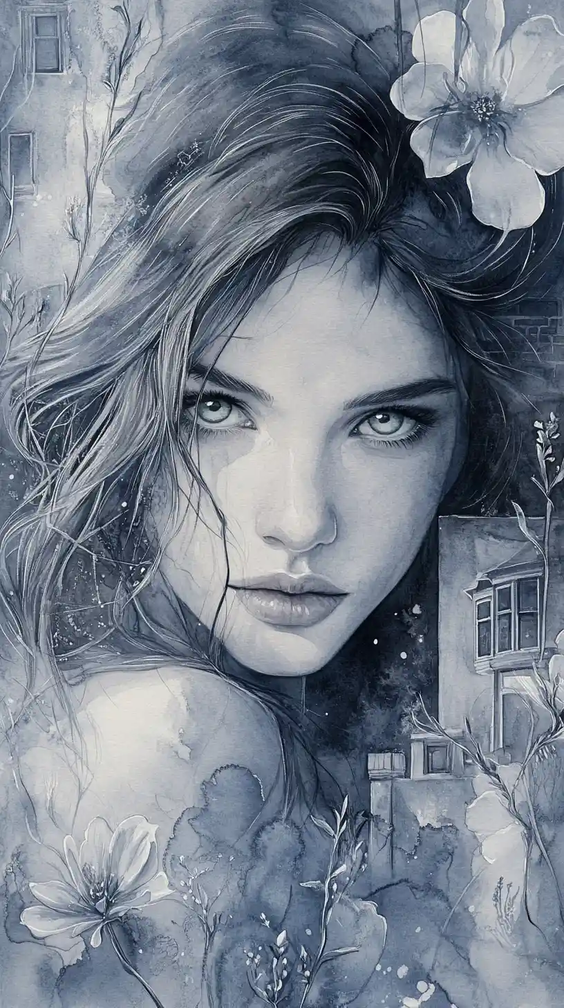 Watercolor portrait of a woman with green eyes in gray tones