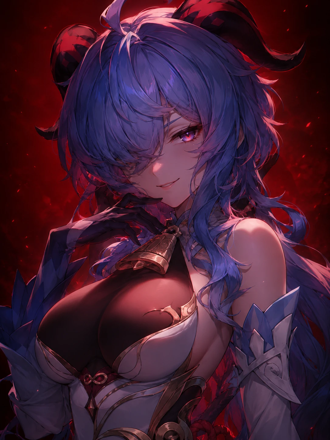 Sinister anime woman with blue hair on red background