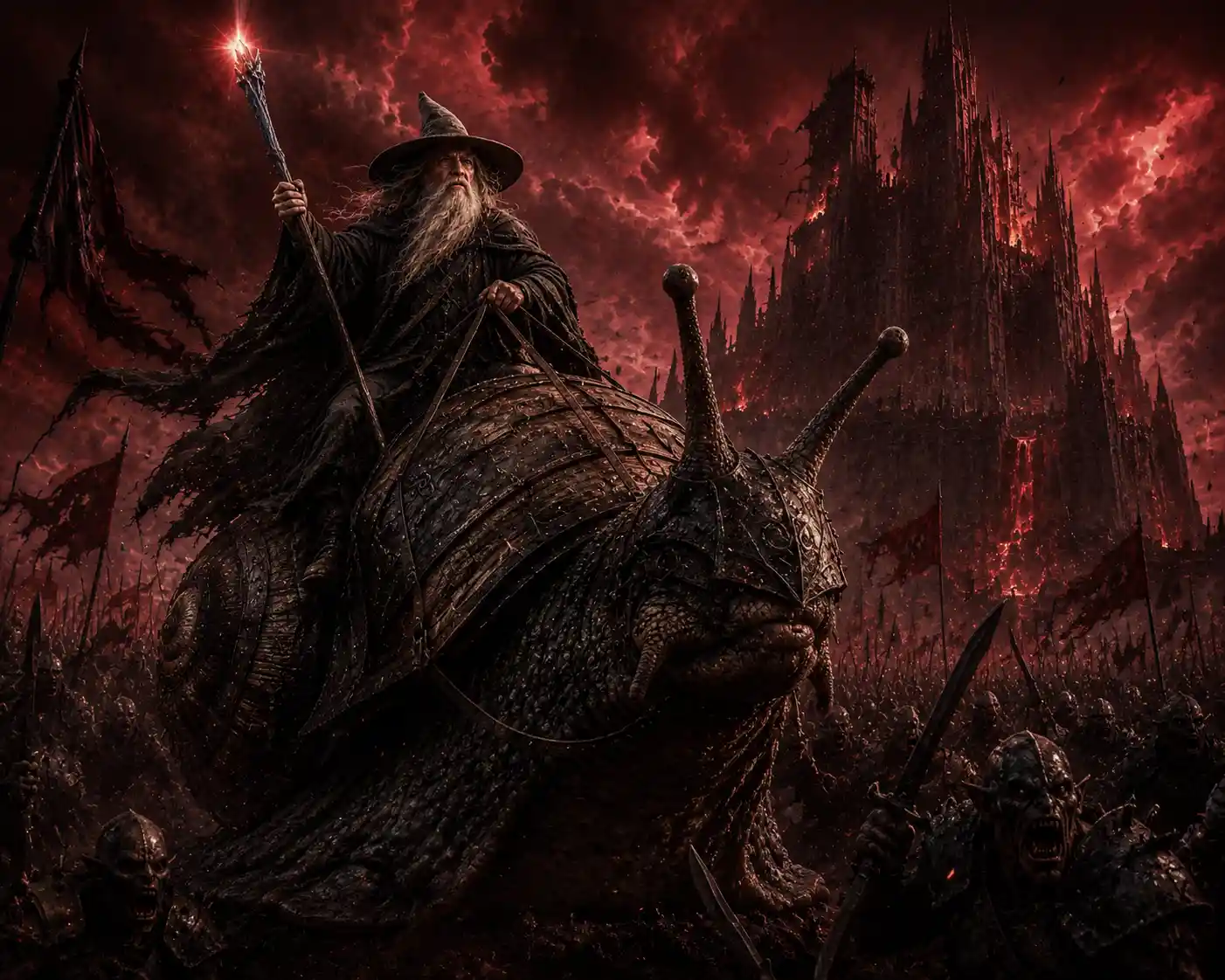 Wizard charging into battle on a monstrous armored snail