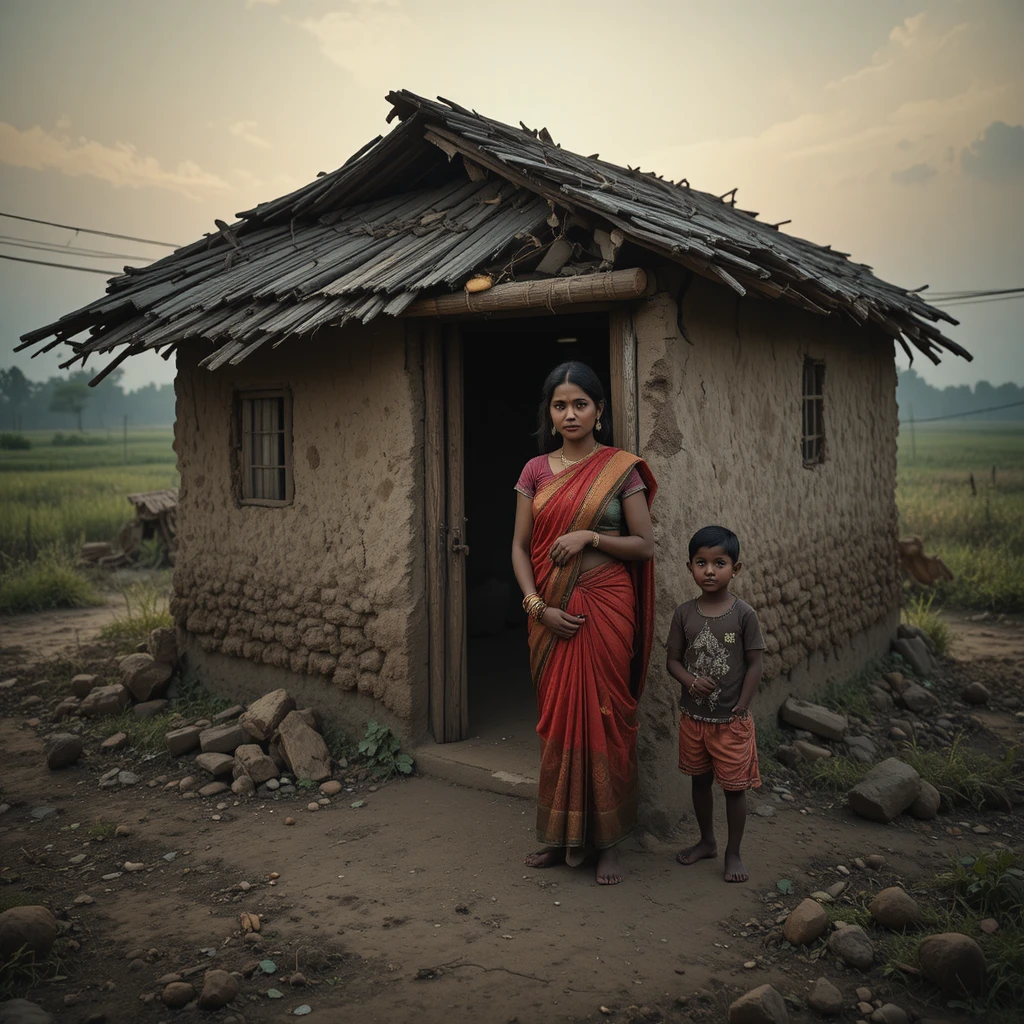Widow mother and young son outside rural Indian mud house