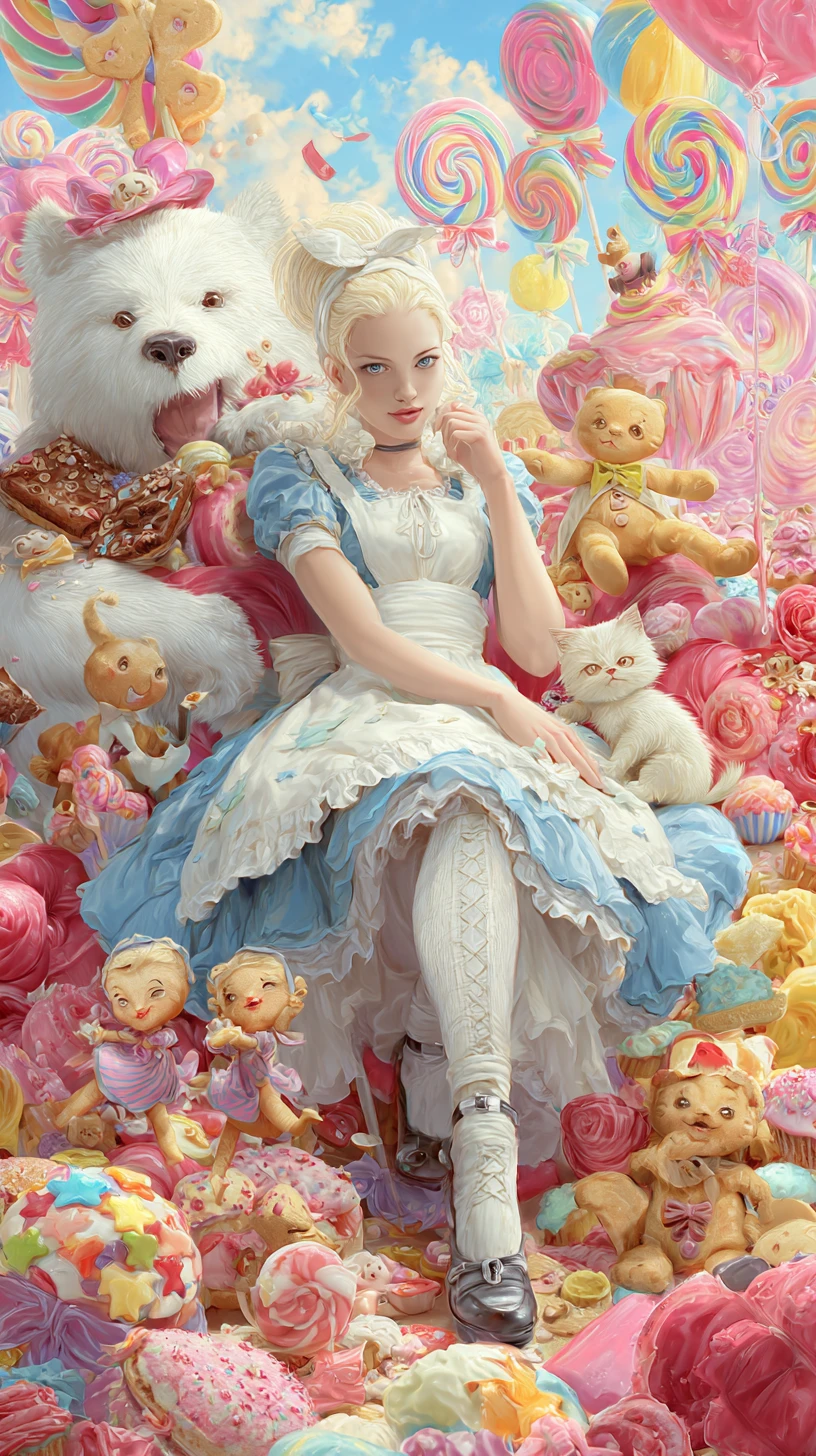Girl in a magical candy land with cute animal friends