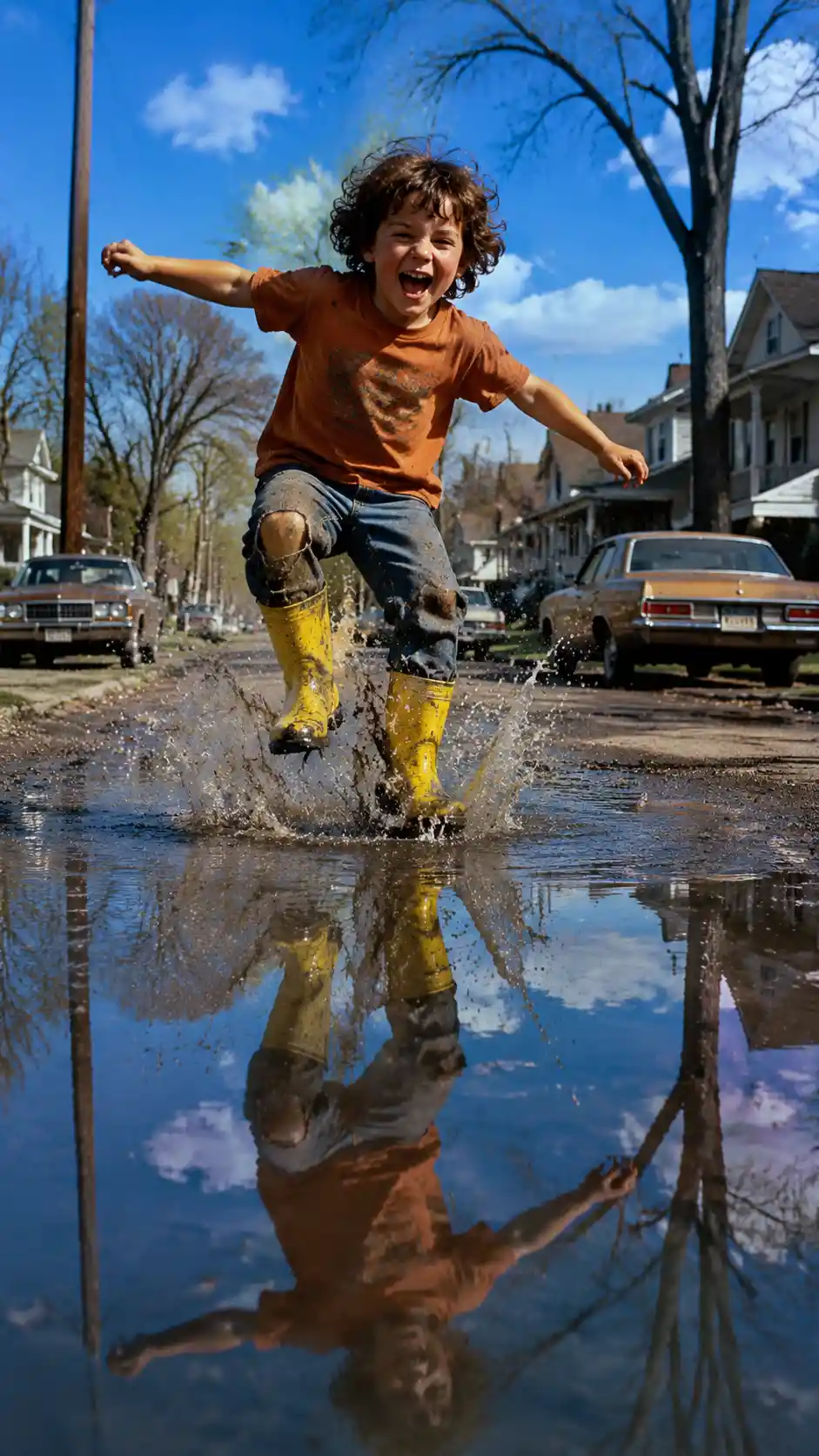 Boy Jumping In Puddle On Sunny Suburban Street