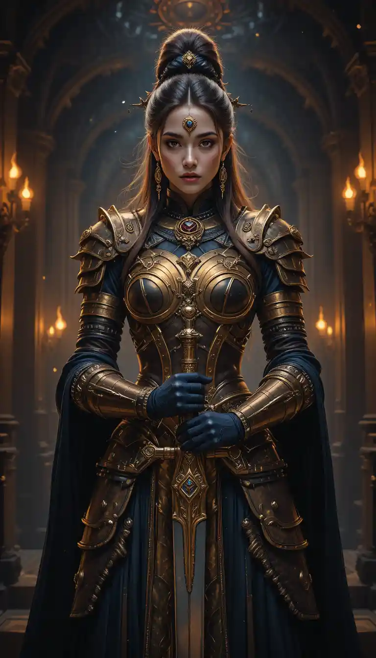 Stoic armored warrior woman with sword in torchlit hall