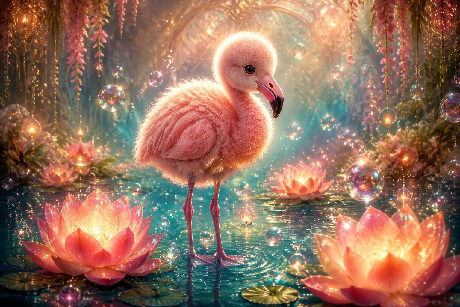Cute baby flamingo in glowing fantasy water garden