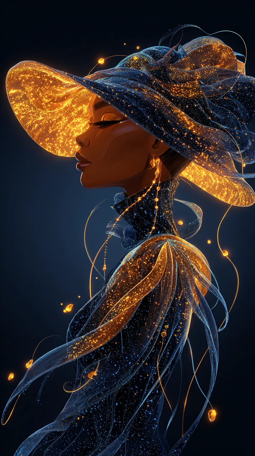 Radiant cosmic woman in profile with glittering golden hat