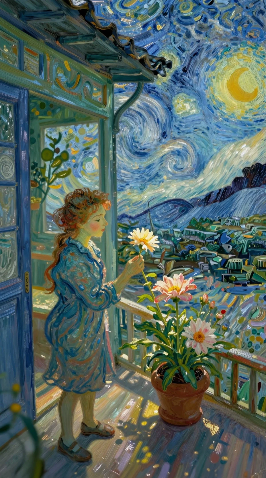 Woman admiring a flower in cinematic high angle light