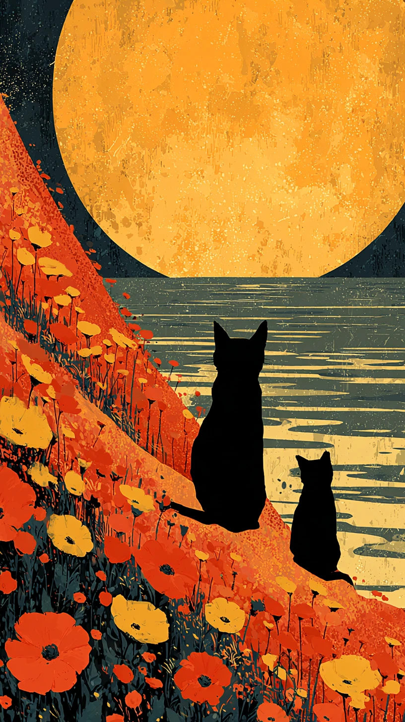 Two cats watching a gigantic moon over the sea