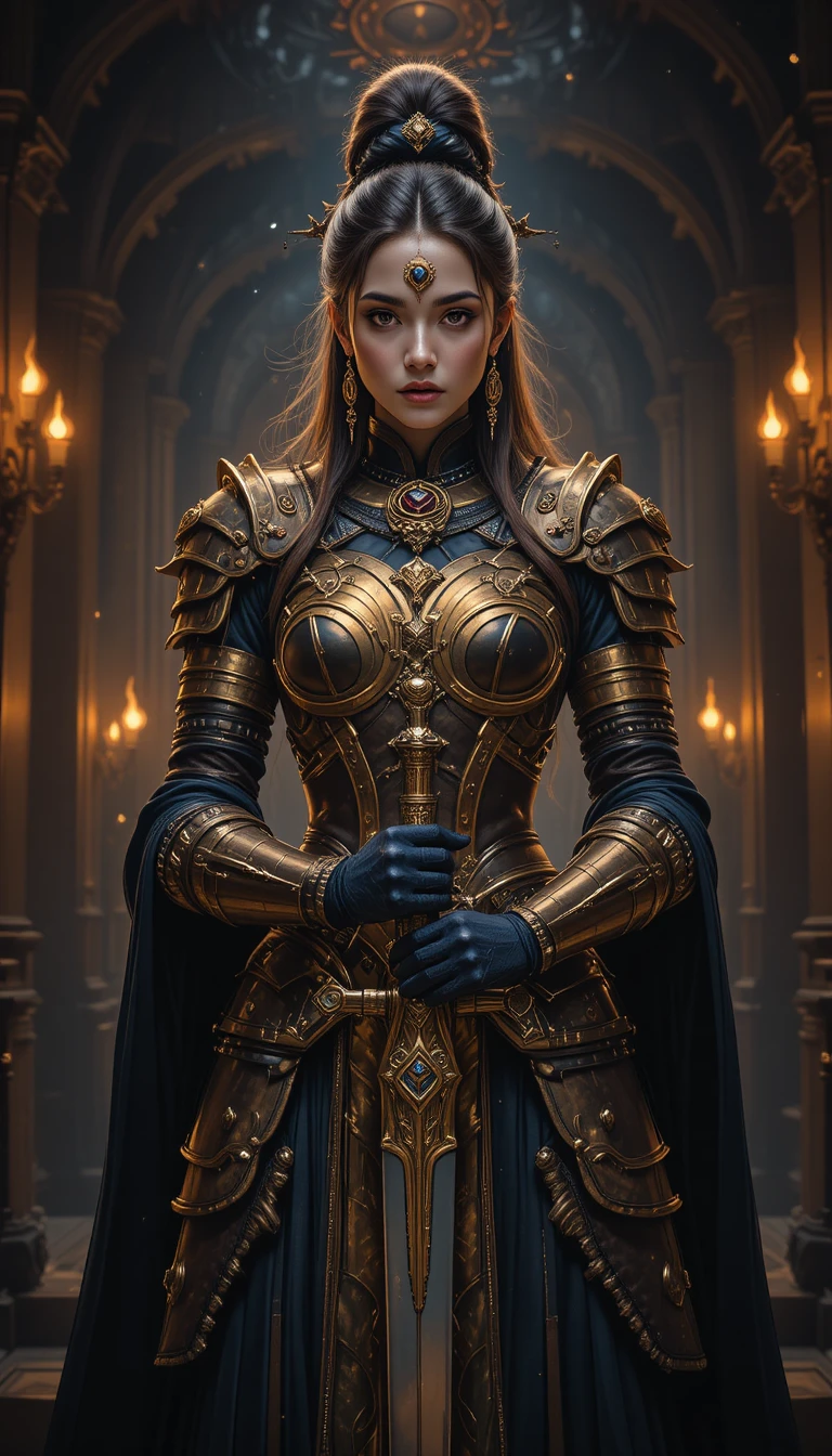 Stoic armored warrior woman with sword in torchlit hall