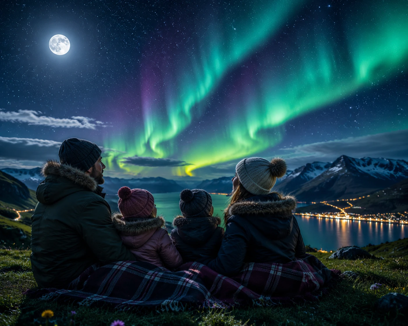 Family watching northern lights on a moonlit hillside