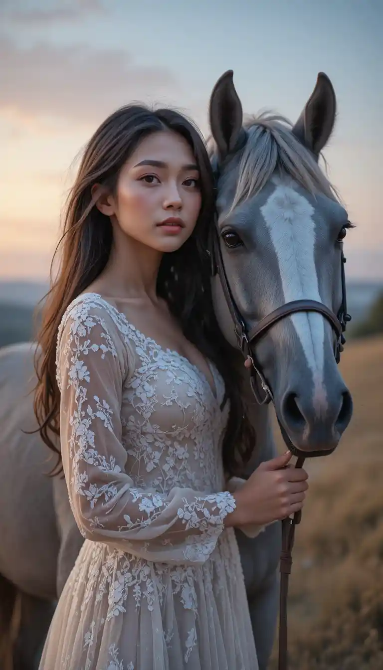 Woman in lace dress standing beside a grey horse at dusk