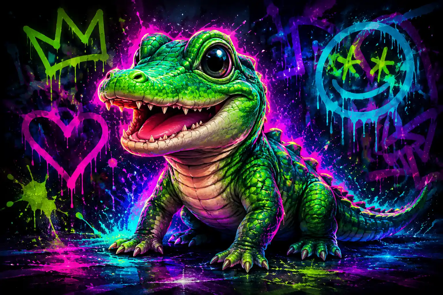 Cute neon alligator hatchling in glowing graffiti style