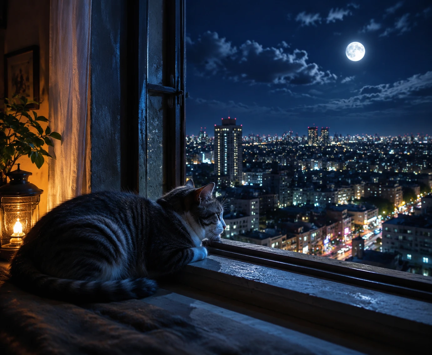 Cat resting on a moonlit windowsill above the quiet city