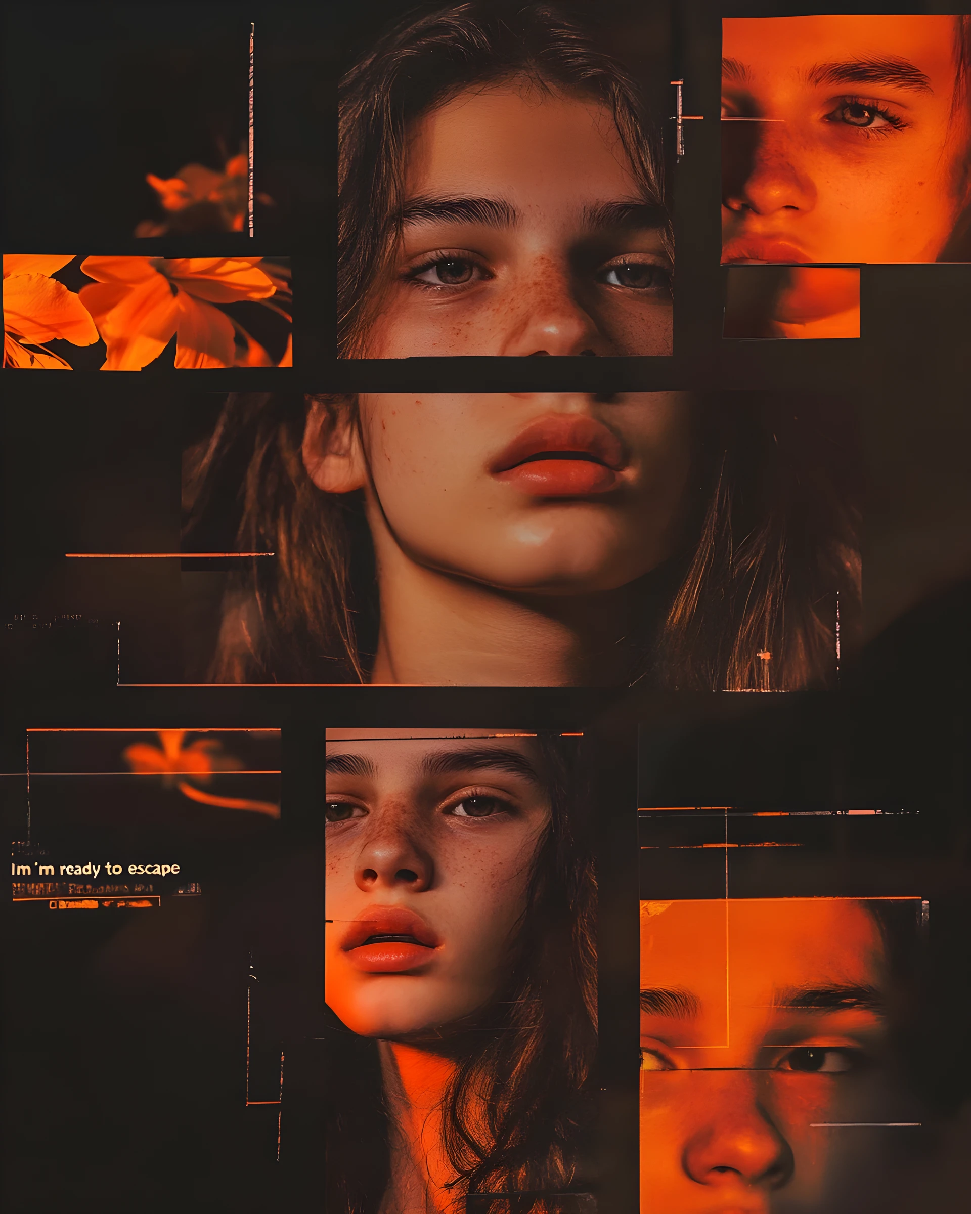 Collage cinematográfico de una joven en retratos con flash de aire melancólico
