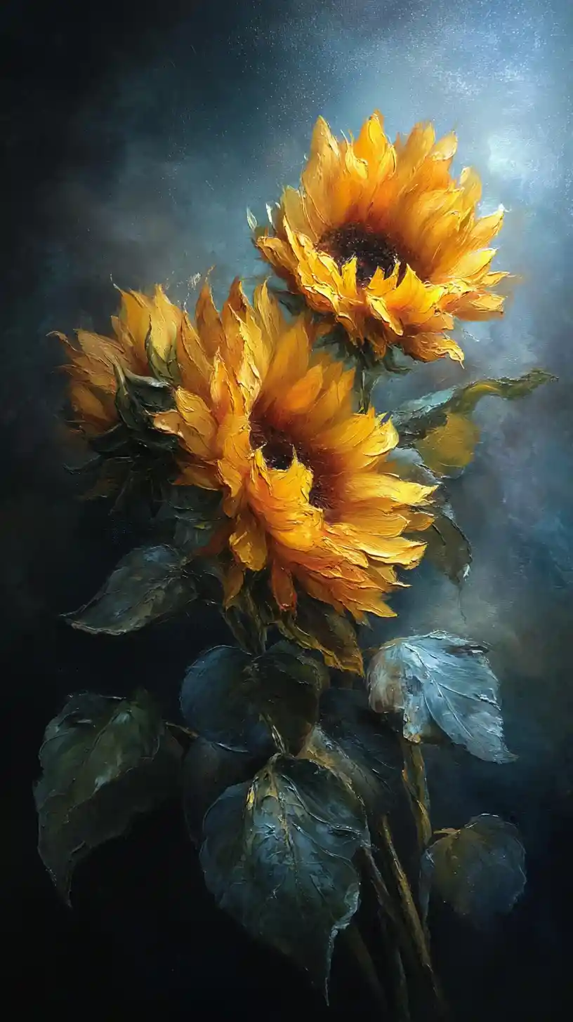 Realistic oil painting of sunflowers in moody dramatic light