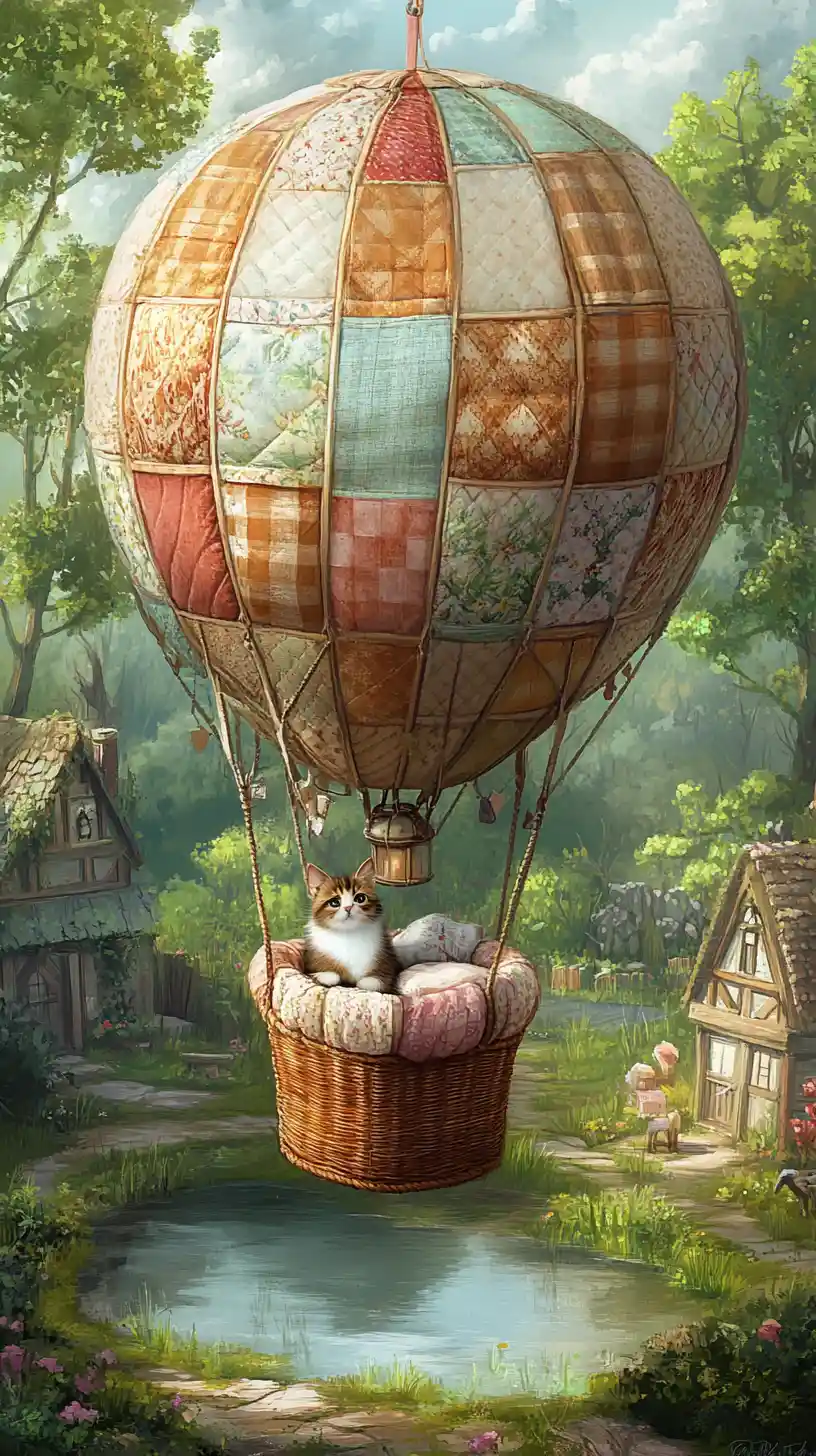 Cat In A Patchwork Balloon Over A Dreamy Forest